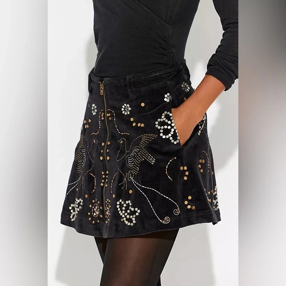 Free People Quetzal Studded Mini Skirt‎ Embellished Beaded Birds Sz 4